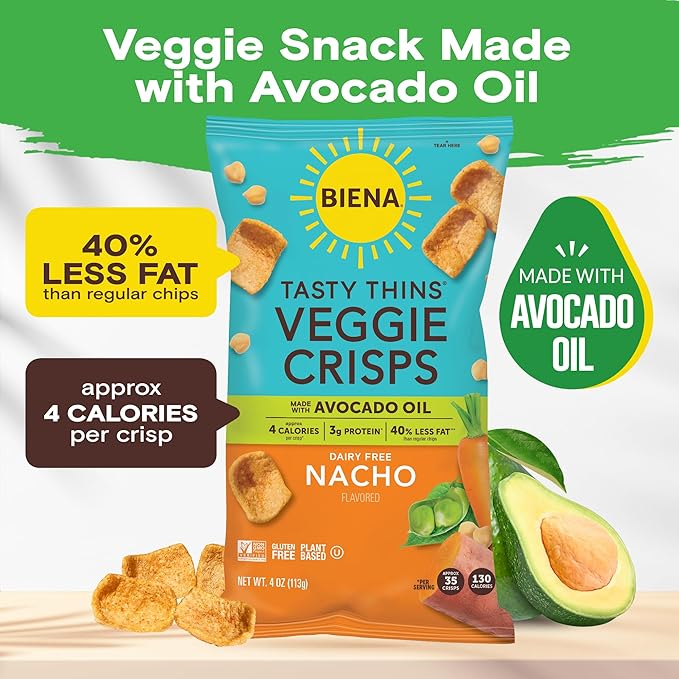 BIENA Tasty Thins Veggie Crisps ??Made with Avocado Oil - Nacho, 4-Pk 4oz Bags ??Chickpeas & Veggies, Vegan, Gluten Free, Dairy-Free, Non-GMO, Allergy-Friendly, Healthy Snacks for Adults & Kids