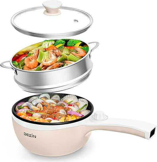 Dezin Hot Pot Electric with Steamer Upgraded, Non-Stick Saut챕 Pan, Rapid Noodles Electric Pot, 1.5L Mini Pot for Steak, Egg, Fried Rice, Ramen, Oatmeal, Soup with Power Adjustment