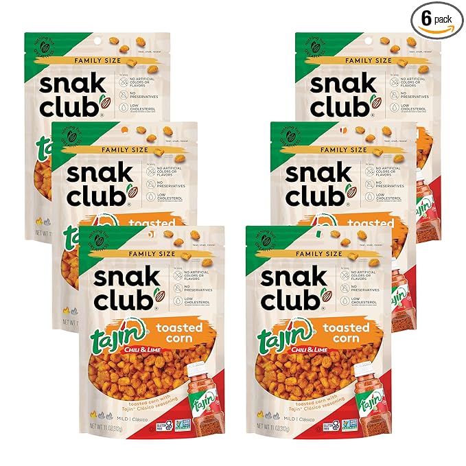 Snak Club Tajin Toasted Corn, Roasted Corn Nuggets with Chili and Lime Seasoning, Mild, Non-GMO, Gluten-Free, Kosher Snack, No Artificial Colors or Flavors, 11 oz Resealable Bags, 6 Pack