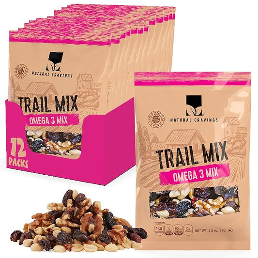 Natural Cravings Trail Mix Snack Dried Fruit Mix & Nuts Mix with Chocolate Chips, Peanuts, Cranberries, Raisins, Walnuts, Tropical Fruits (12 Pack, Omega 3 Mix)