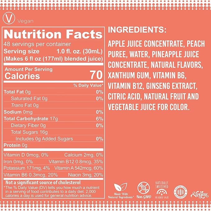 Fruniti Peach Smoothie Mix - Energy Boosting - No Sugar Added - Delicious Fruit Puree - Vitamin B-6, Vitamin B-12, Ginseng - Apple, Pineapple, Peach Purée - Makes 24 Smoothies