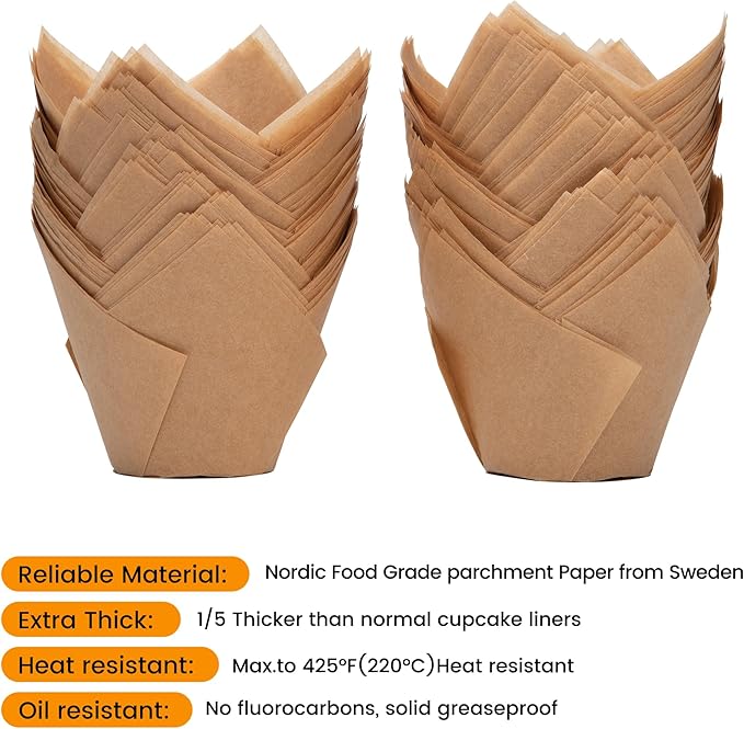 Nordic Paper 100pcs Large Size Natural Tulip Cupcake Liners for Baking, Large Muffin Liners, Cupcake Wrapper for Party, Christmas