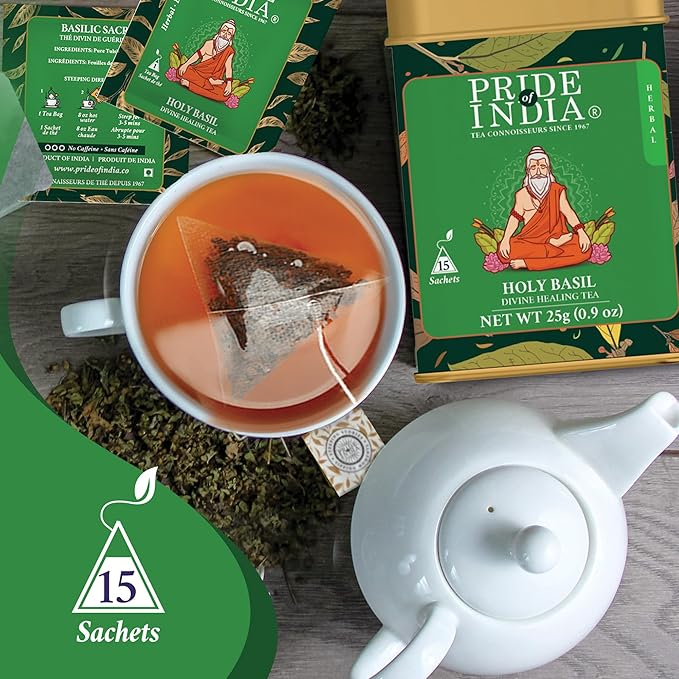 Pride Of India - Natural Holy Basil (Divine Healing Tea), PACK of 6-15 Tea Bags Per Box