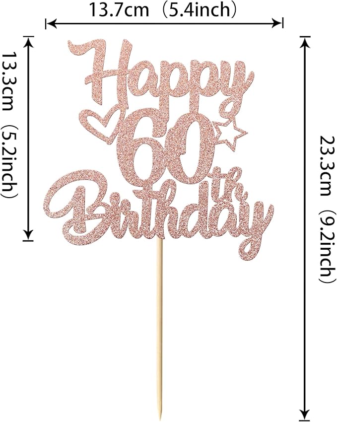 1 Pack Happy 60th Birthday Cake Topper Glitter Heart Star 60 Fabulous Cake Pick Birthday Sign Cake Decorations for Children 60th Birthday Theme Party Supplies Rose Gold