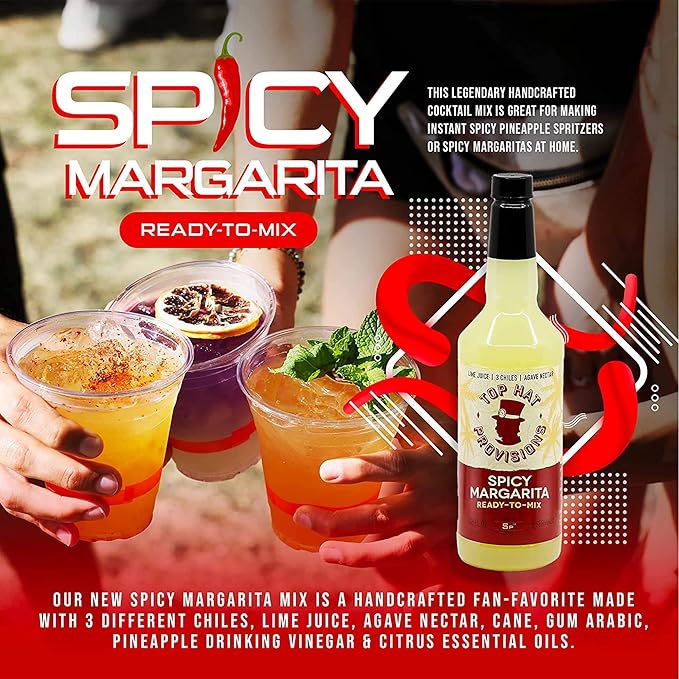 Top Hat Spicy Margarita Drink Mix - Handcrafted with 3 Chiles, Pineapple, Organic Agave Nectar & Organic Lime Juice - Low Calorie/Low Sugar - 32oz Bottle