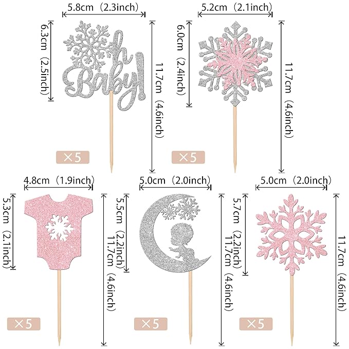 30 PCS Snowflake Oh Baby Cupcake Toppers Glitter Winter Sweater Moon Snowflake Cupcake Picks It's a Girl Cake Decorations for Baby Shower Kids Birthday Christmas Party Supplies Silver Pink