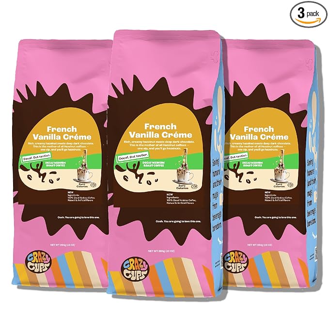 Crazy Cups Decaf Flavored Ground Coffee, French Vanilla Cr챔me, Brew Hot or Iced Coffee, 3 Pack