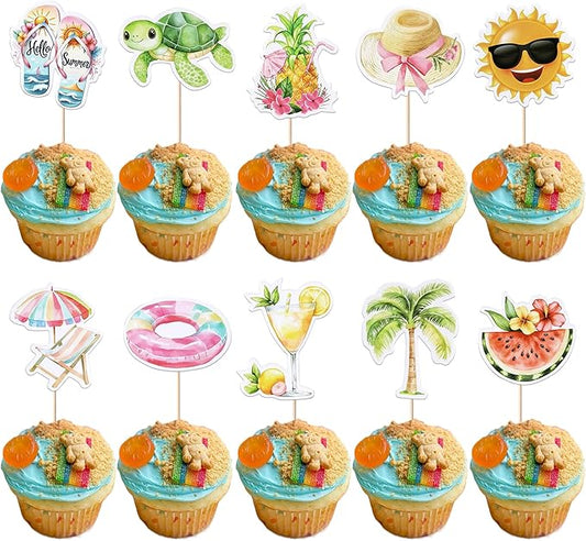 40 PCS Summer Beach Pool Cupcake Toppers Watermelon Slippers Sun Plam Tree Pineapple Tortoise Umbrella Cupcake Picks Beach Pool Party Cake Decorations for Summer Hawaii Theme Birthday Party Supplies