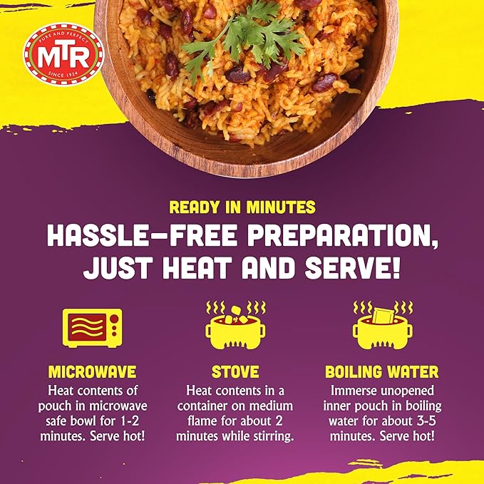 MTR Ready-To-Eat: Rajma Chawal - Red Kidney Beans Rice - Microwavable Rice Packs for Instant Meals - Delicious & Nutritious Rice Ready in Minutes - Suitable for Vegetarians with Natural Ingredients - (Pack of 6)