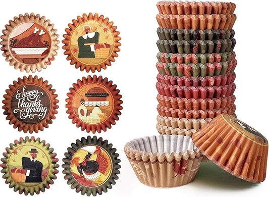 qiqee Thanksgiving 300PCS Mini Cupcake Liners Cupcake Cups 6 Designs Thanksgiving Turkey Cupcake Papers Baking Cups Cupcake Wrappers (Small Size)