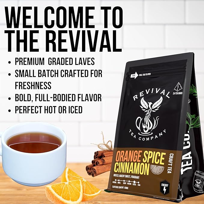 Revival Tea Company Orange Spice Black Tea Bags ??Cinnamon Orange Tea Blend with Real Citrus Peel ??Caffeinated Herbal-Infused Tea for Energy & Immune Support ??Bold Spiced Flavor (24 Count)