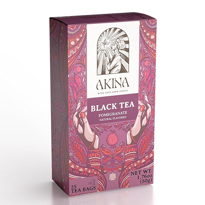 Akina Single-Origin Pomegranate Black Tea Bags | 100% Naturally Flavored Fruit Tea, Kenyan Origin, Gourmet, Tropical, Hot Beverage (25 String & Tag Bags, 50g)