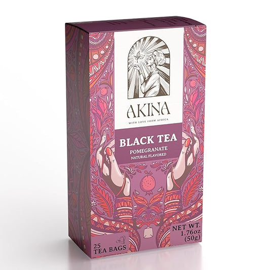 Akina Single-Origin Pomegranate Black Tea Bags | 100% Naturally Flavored Fruit Tea, Kenyan Origin, Gourmet, Tropical, Hot Beverage (25 String & Tag Bags, 50g)