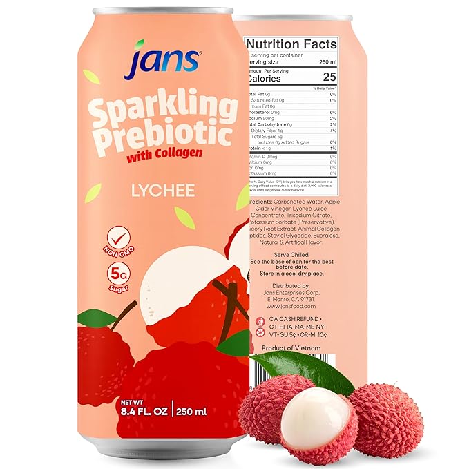 Jans Sparkling Prebiotic with Collagen Soda Beverage ??Lychee 8.4 Fl Oz (6-Pack) ??Low Calorie, NO Added Sugar, Non-GMO Sparkling Fruit Beverage, Gut Health Support