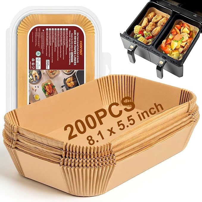 Air Fryer Paper Liners for Dual Zone Airfryer, 200pcs 8.1x5.5 inch Rectangle Disposable Inserts for Ninja Foodi DZ201 DZ401 DZ550 other 8-10 qt 2-Basket Air Fryers, Food Grade BPA Free