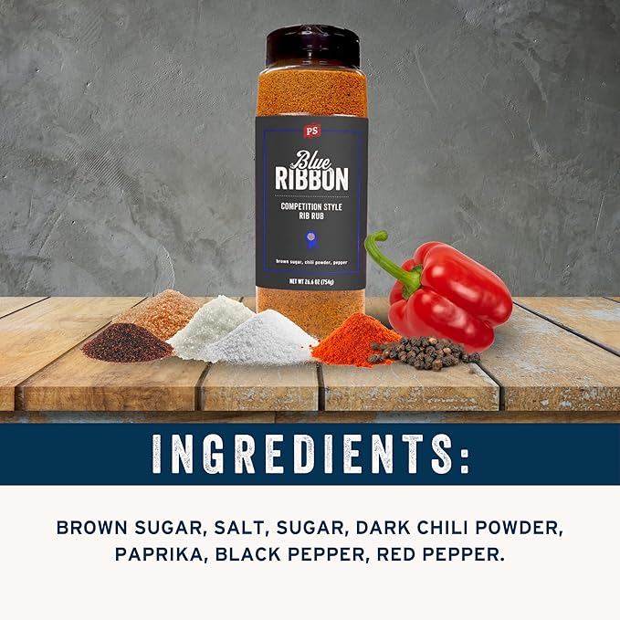 PS Seasoning Blue Ribbon Rib Rub- Sweet & Smoky Competition Style BBQ Seasoning for Smoking and Grilling- Kansas City Spice Blend Dry BBQ Rub for Prime Rib, Steaks, Pork, Chicken, Beef Brisket, 26.6oz