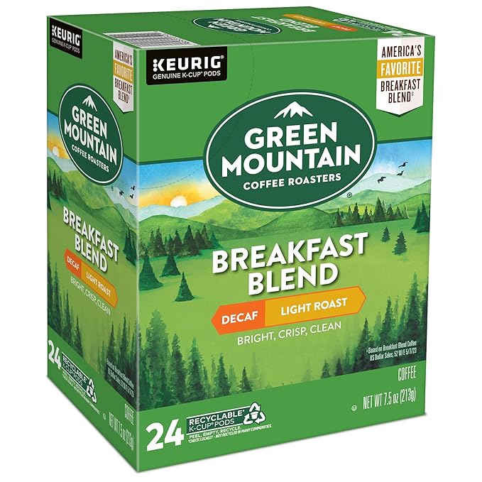 Green Mountain Coffee Roasters Breakfast Blend Decaf Coffee, Keurig Single Serve K-Cup pods, Light Roast, 96 Count