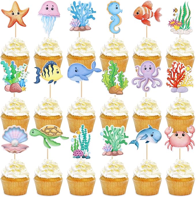 18 Pcs Ocean Cupcake Toppers - Ocean Theme Party Decorations Sea Animals Dolphin Whale Turtle Octopu Weaweed Party Cake Picks for Kids Under the Sea Baby Shower Birthday Party Supplies