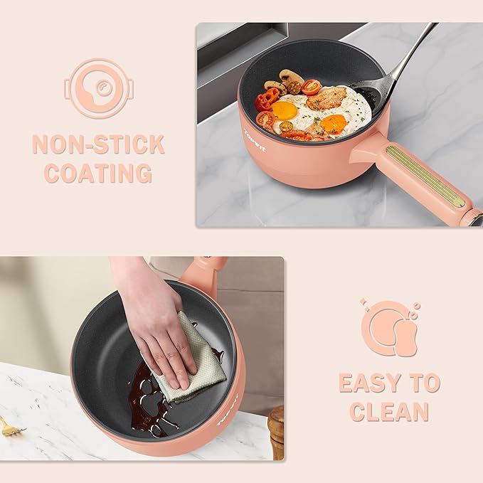 TOPWIT Hot Pot Electric with Steamer, ?윇?릩 Electric Pot, Non-Stick Portable Cooker, Portable Pot, Saut챕 Pan for Steak, Egg, Ramen, Soup with Dual Power Control (Silicone Spatula Included), Peach