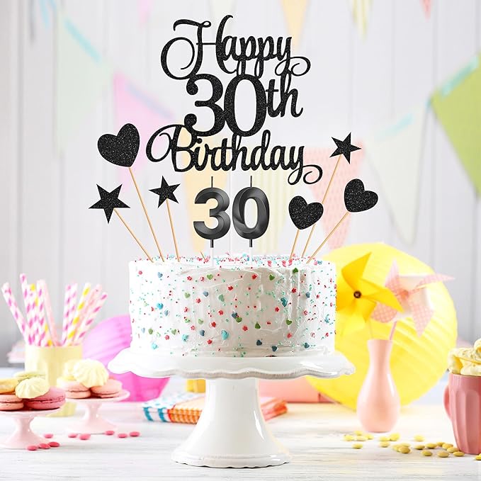30th Birthday Cake Toppers, 30th Birthday Candles Numeral Candles and Glitter Cake Decorations Toppers Set for Party Supplies (Black)