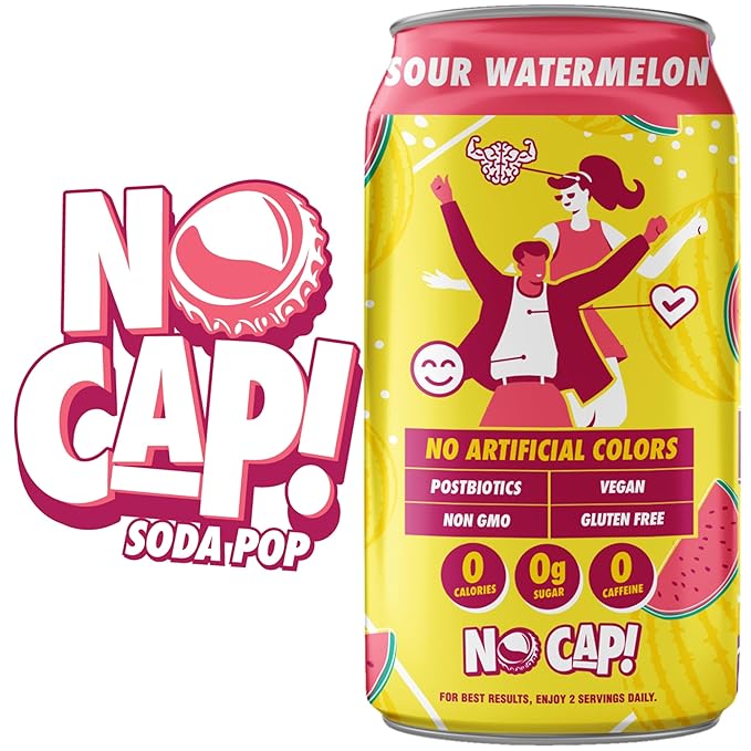 No Cap! Sour Watermelon, Postbiotic Soda, Healthy Soda Alternative, Zero Sugar, Zero Calorie, Caffeine Free, Vegan, Gluten Free, Postbiotics for Gut Health, 12 Oz Cans, 12 Pack