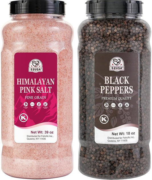 52USA Whole Black Peppercorns 18 oz + Himalayan Pink Salt (Fine Grain) 39 oz, Salt and Pepper Grinder, Black Peppercorn Refil, Kosher, Pink Himalayan Sea Salt, 2 Piece Set