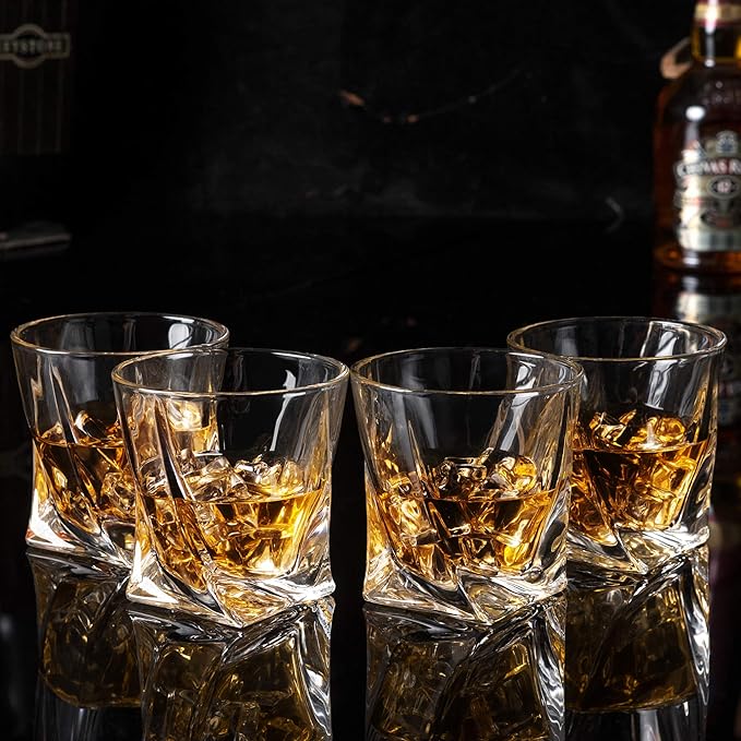 KANARS Whiskey Glasses Set of 4, 10 Oz Crystal Old Fashioned Cocktail Glass in Gift Box, Twisted Lowball Bourbon Tumbler for Scotch Whisky Cognac, Rock Barware for Men Gift
