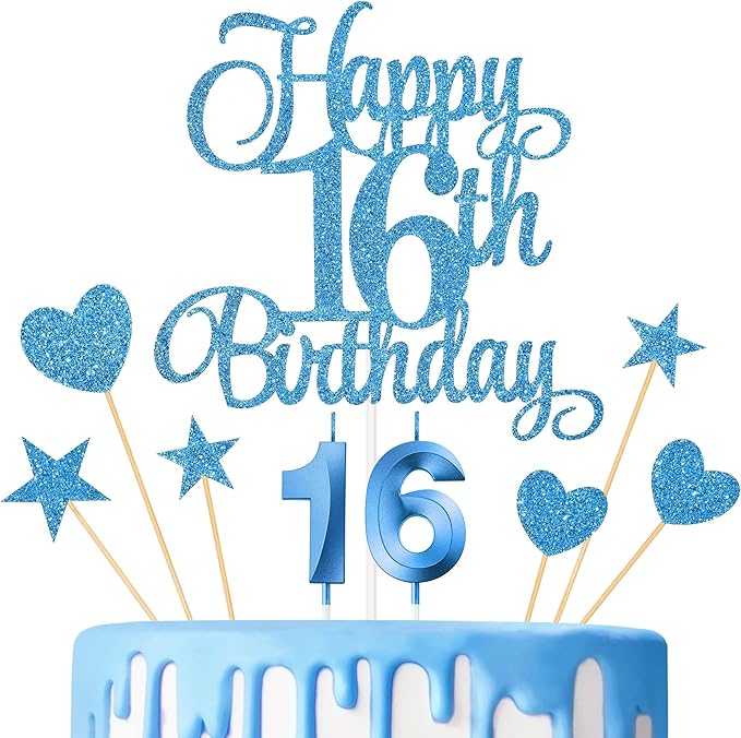 16th Birthday Cake Decorations, 16th Birthday Candles Cake Numeral Candles and Glitter Happy 16th Birthday Cake Toppers Set for Birthday Party Supplies (Blue)