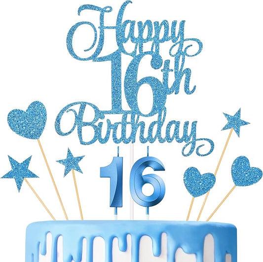 16th Birthday Cake Decorations, 16th Birthday Candles Cake Numeral Candles and Glitter Happy 16th Birthday Cake Toppers Set for Birthday Party Supplies (Blue)