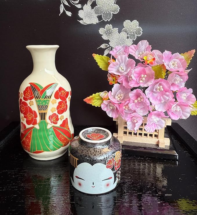 Japanese Traditional Kokeshi Design Sake Wine Soju Ceramic Set with 1 Ochoko Cup and 1 Tokkuri Bottle Gifts (Kokeshi Maiko Sakura)
