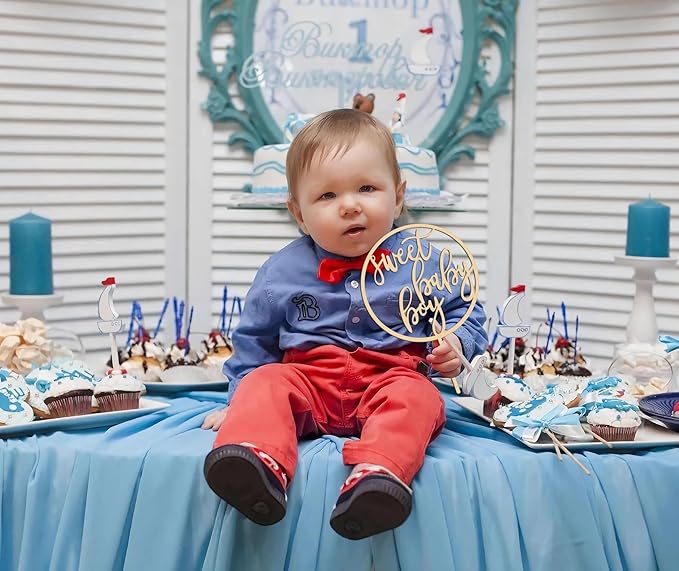 Sweet Baby Boy Cake Topper - Wooden Oh Boy Baby Shower Cake Decorations for Boys - Baby Shower Cake Topper for First Birthday/Gender Reveals Party, Photo Booth Props