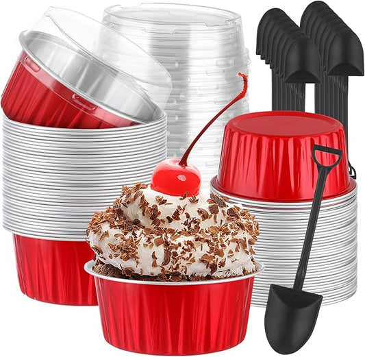 100Pack Cupcake Containers, 5oz Dessert Cups with Lids, Mini Cake Pans With Lids&Spoons for Valentines Day Baking Supplies Gift Party Cake Baking Sales Stackable Portable