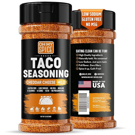 Taco Seasoning Mix Cheddar Cheese Powder - Gluten Free & Low Sodium Mild Cheesy Mexican Seasoning Blend for Taco Tuesday Night. Spicy Nacho Cheese Powder for Fajita & Burrito. Hot Tacos Spices. 4.2oz