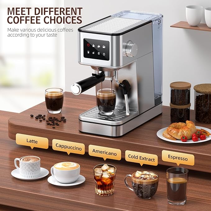 Espresso Machine with Milk Frother, 20 Bar Compact Coffee Machine with Touch Screen & 57.5oz Removable Water Tank for Home, Stainless Steel Espresso Maker for Cappuccino, Latte, Silver(updated)
