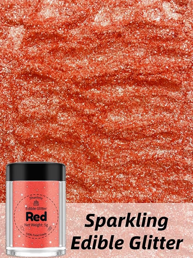 Shanlinly Red Edible Glitter for Cakes Drinks - Food Grade 5g Shimmer Luster Glitter Dust Edible Glimmer Powders for Strawberries, Sprinkle on Sparkle, Chocolate, Cookie, Cupcake, Cocktail, Vegan