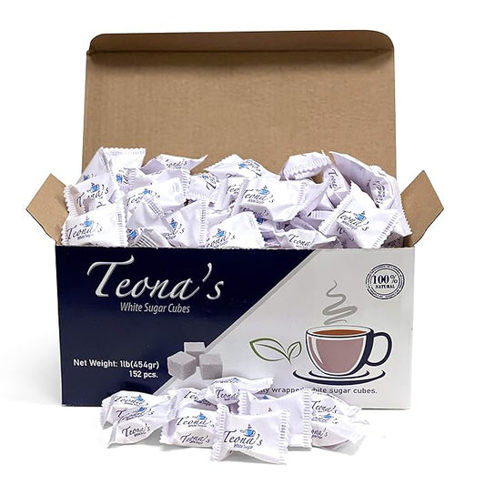 Teona?™s 152 White Sugar Cubes - Individually Wrapped 1 LB Box | 100% Beet Root - Perfect Size for Tea & Coffee | Raw Sugar Cubes for Entertaining, Cafes, Bars, Home or Office Use