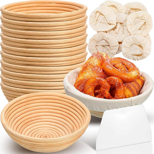 Gejoy Banneton Bread Proofing Basket Set of 8, Round Sourdough Bread Baking Bowl Kit with Cloth Liners and Dough Scrapers Natural Rattan Banneton Sourdough Bowl Basket for Bakers(9 Inch)