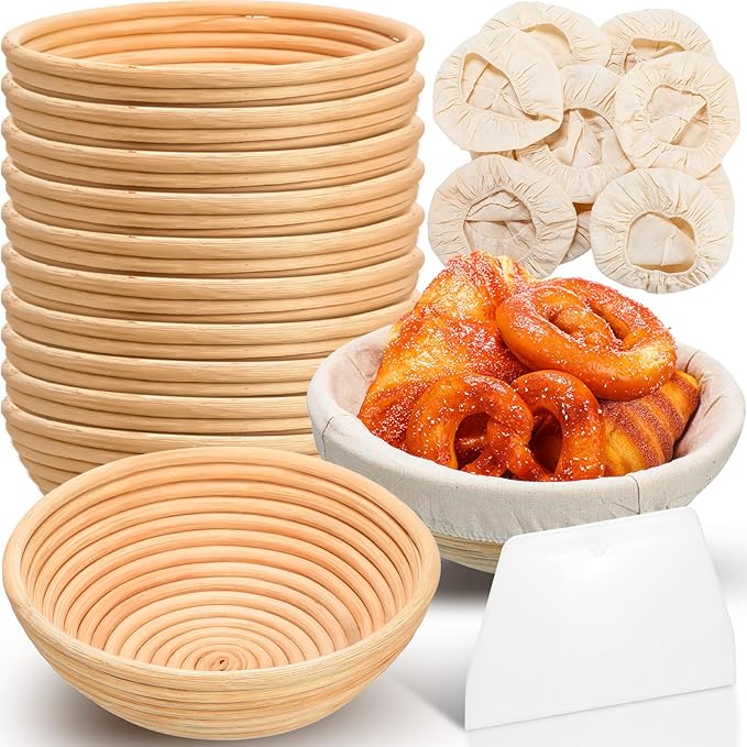 Patelai 10 Pieces Banneton Bread Proofing Basket Round Sourdough Proofing Basket Banneton Basket Dough Bowl with Liners and Scrapers for Home Making Bread Bakers Baking(9 Inch)