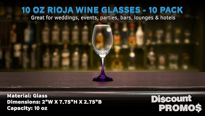 DISCOUNT PROMOS Rioja Wine Glasses with Stem 10 oz. Set of 10, Bulk Pack - Color Bottom, Perfect for Wedding, Party Favors, Birthday, Bridal Shower Gifts - Purple