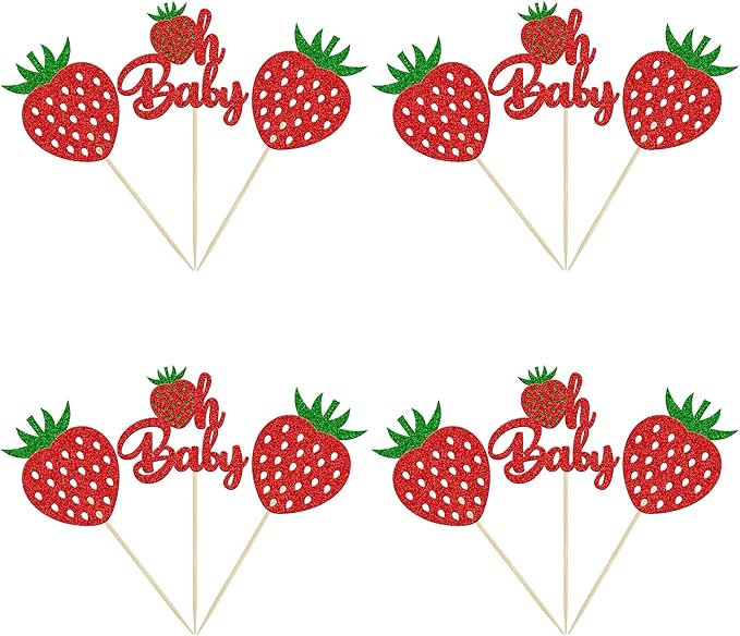 24Pcs Strawberry Oh Baby Cupcake Toppers Glitter Fruit Theme Babyshower Strawberry Cupcake Picks for Gender Reveal Baby Shower Kids Boys Girls Birthday Party Cake Decorations Supplies