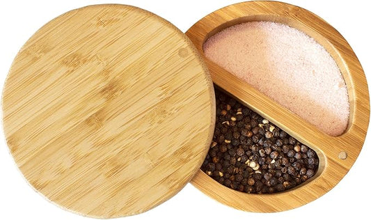 Totally Bamboo Salt Keeper Duet Salt and Pepper Bowl, Cellar and Storage Box with Two Compartments, Magnetic Swivel Lid