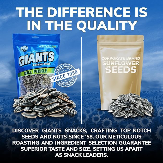 GIANTS Dill Pickle Sunflower Seeds - Sunflower Seeds Bulk, Big Sunflower Seeds to Eat, Roasted & Flavored for Eating, Pickle Sunflower Seeds, 8g Protein Per Serving - 12 oz Bag