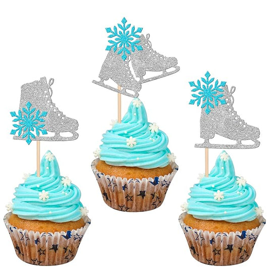 24 PCS Ice Skating Cupcake Toppers Glitter Ice Sports Snowflake Cupcake Picks for Skating Theme Baby Shower Kids Birthday Party Cake Decorations Supplies Silver Blue