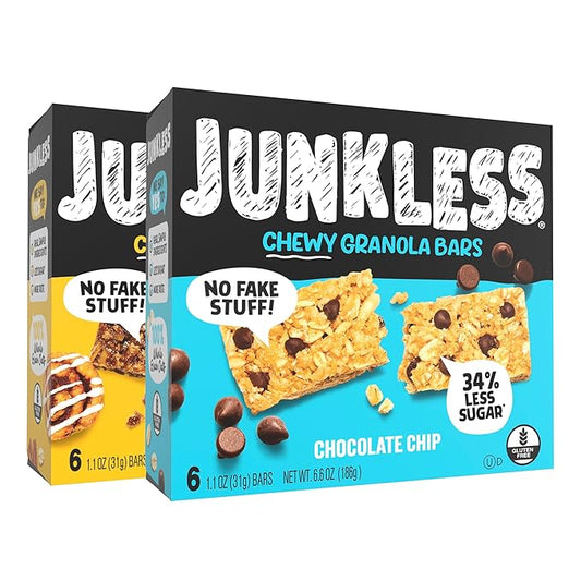 JUNKLESS Chewy Granola Bars Twin Pack ??Chocolate Chip & Cinnamon Roll (12 Bars)?밚ess Sugar, Non-GMO, Gluten-Free, Wholesome Snack Bars for Kids & Adults, 2 Boxes