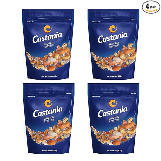 Castania BBQ Lebanese Mixed Nuts, Extra Mix with Pistachios, Almonds, Cashews, Hazelnuts, Peanuts, Pumpkin Seeds, Corn and Chickpeas, 10.6oz (Pack of 4)