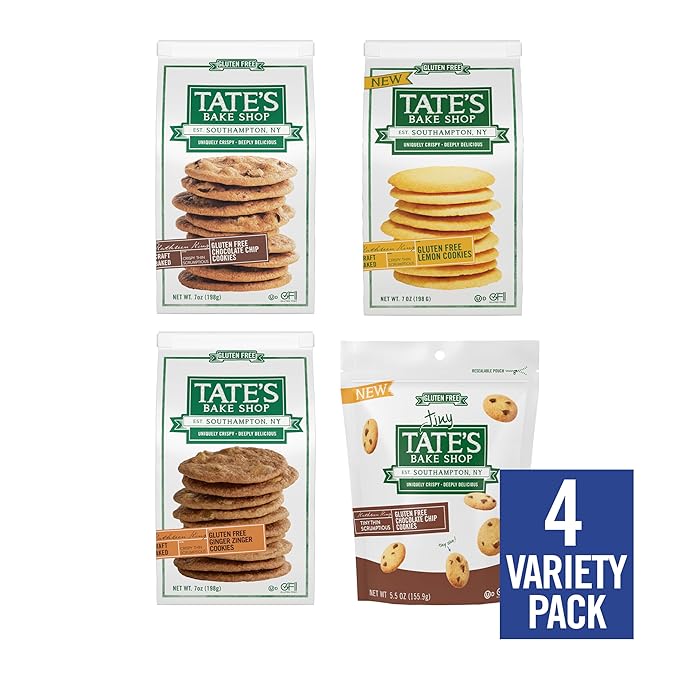 Tate's Bake Shop Gluten Free Cookies Variety Pack, Lemon, Ginger Zinger, Chocolate Chip, and Tiny Chocolate Chip Cookies, 4 Bags