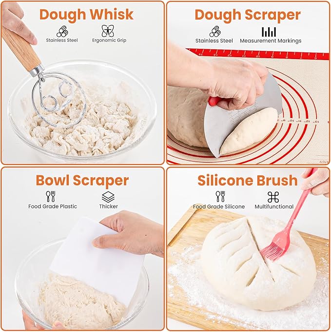 TomCare Sourdough Starter Kit 38PCS Sourdough Bread Baking Supplies, 42oz Glass Starter Jar 10'' Round Cotton Bread Proofing Basket 10pcs Bread Bags 10pcs Measuring Cups Silicone Baking Mat Tools