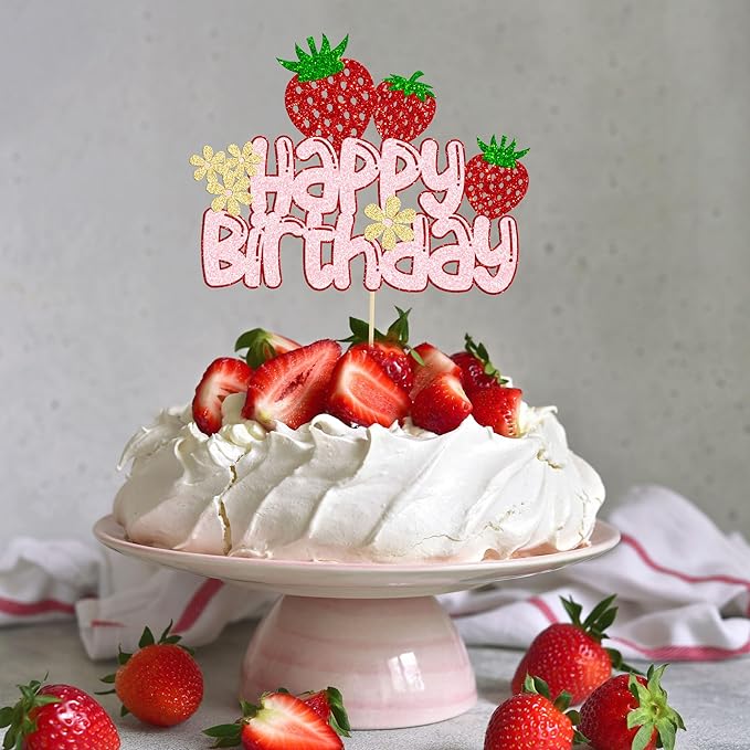 1 Pack Happy Birthday Cake Topper Glitter Strawberry Cake Pick for Fruit Theme Baby Shower Kids Birthday Party Strawberry Fruit Party Cake Decorations Supplies