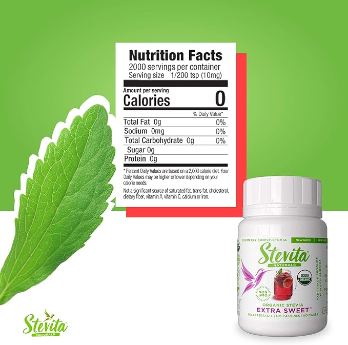 Stevita Organic Stevia Extra Sweet - 0.7 oz Powder - All-Natural, No Calorie Sweetener - USDA Organic, Non-GMO, Vegan, Kosher, Keto, Paleo, Gluten Free - 2000 Servings