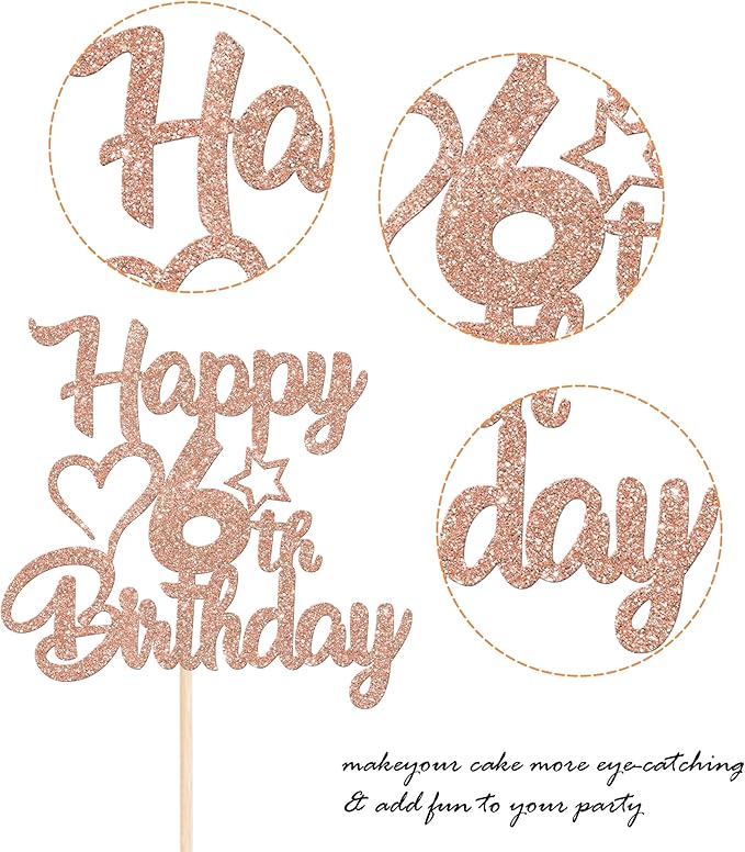1 Pack Happy 6th Birthday Cake Topper - Glitter Heart Star 6 Fabulous Cake Picks - Rosegold
